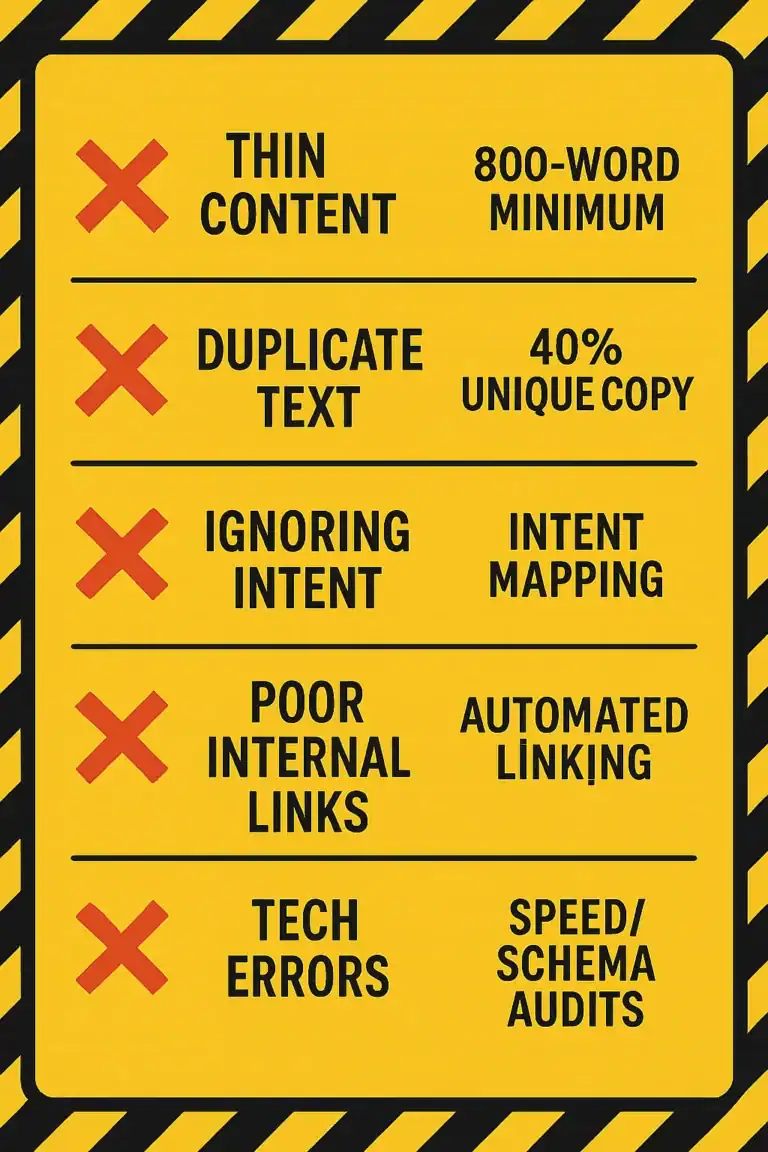 SEO content warning checklist: thin content, duplicate text, ignoring intent, poor internal links, tech errors.